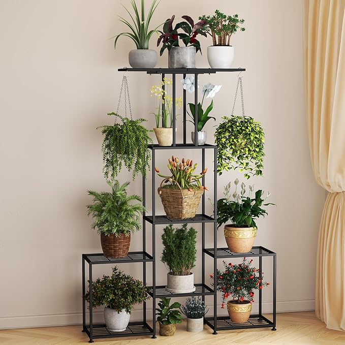 Plant Stand Indoor Outdoor, Metal 6 Tier Tall Hanging Plant Shelf for Multiple Flower Planter Large Heavy Duty Ladder Plant Holder for Garden, Black (y-202)