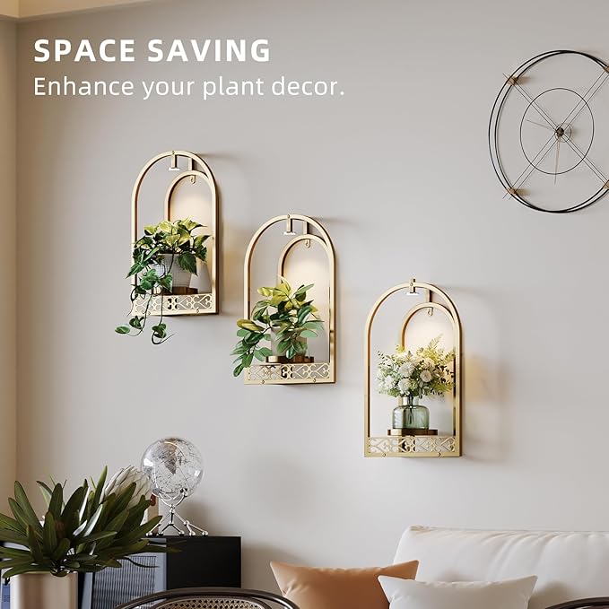 Wall Planter Holder with Light, Metal Arch Frame Hanging Plant Stand with Grow Lights, Modern Black Iron Wall Decor for Indoor Outdoor Living Room, Balcony & Garden 2 Pack Golden
