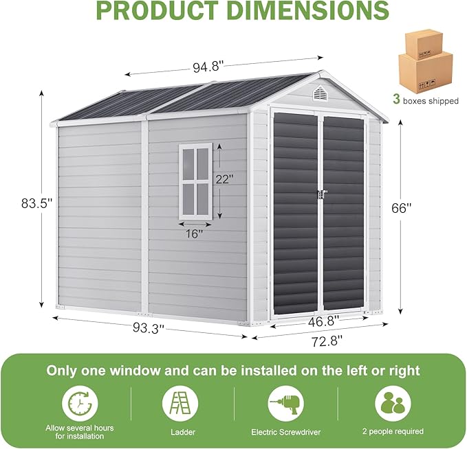 HUSFU Outdoor Resin Storage Shed 8x6 FT, Plastic Tool Shed for Bike, Garbage Can, Chicken Coop, Outside Sheds with Lockable Door for Backyard, Patio, Lawn, Light Grey