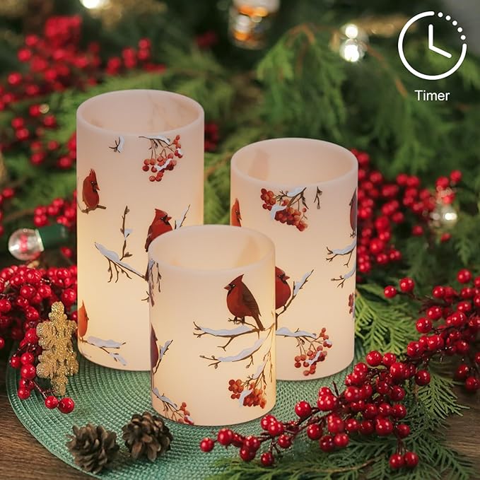 GenSwin Red Bird Flameless Candles with Timer, LED Candles with 3D Wick, Real Wax Pillar Candles for Halloween Christmas Indoor Decorations(D3” x H4”5”6”)