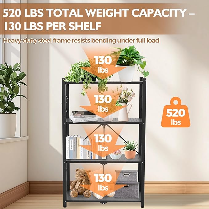 EAGLE PEAK 4-Tier Foldable Greenhouse Shelf, Heavy Duty Metal Storage Rack, No Assembly Steel Shelving Unit, Plant Stand for Greenhouse and Multi-Use Storage, 28”x14.6”x44.7”, 520 lbs, 2 Pack, Black