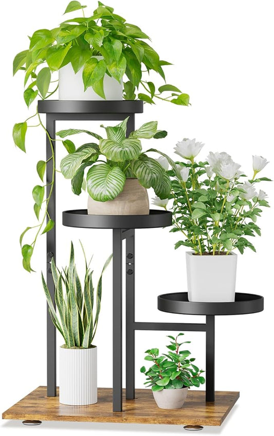 iDavosic.ly 3 Tier Plant Stand Indoor, Tiered Corner Flower Holder Shelf Outdoor, Metal Tall Orchid Display Rack for Patio Porch Garden Balcony Office Living Room, Modern Black & Rustic Brown