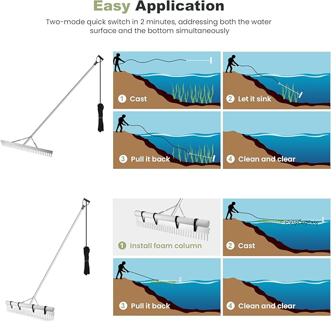 Landscape Rake, 36" Aluminum Heavy Duty Lake Weed Rake, Multifunctional Detachable Aquatic with 102'' Extension Handle & 20Ft Rope, for Weed Algae Removal Loosening Soil Lawn Garden Care