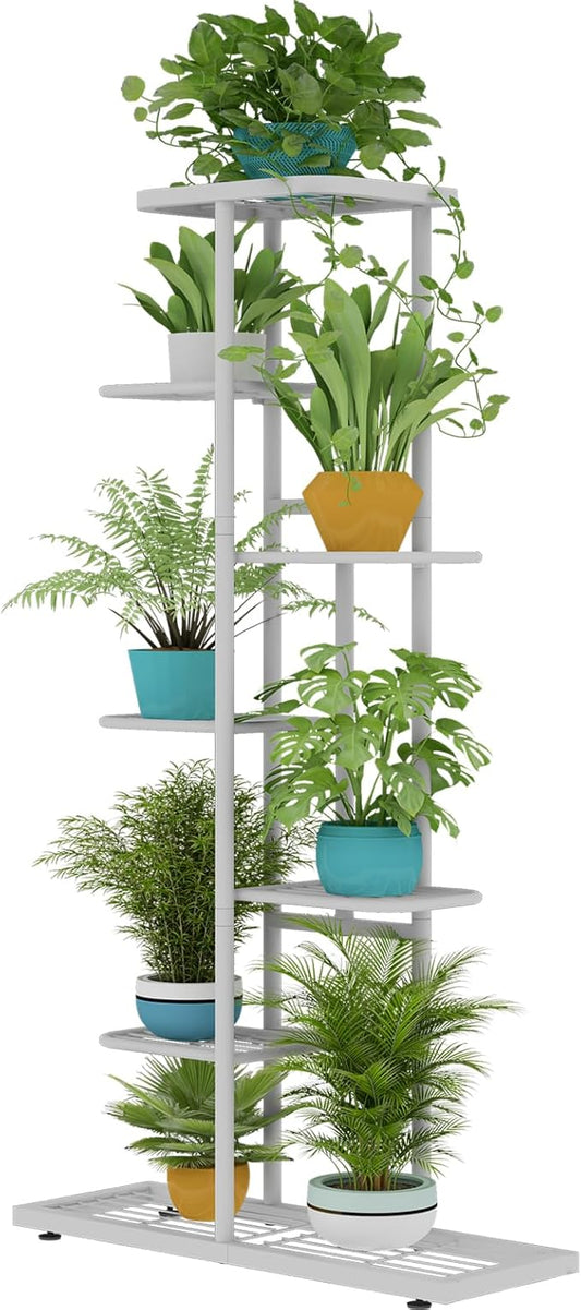 LINZINAR Plant Stand Metal 7 Tier 8 Potted Multiple Flower Pot Holder Shelf Indoor Outdoor Planter Display Shelving Unit for Patio Garden Corner Balcony Living Room, White