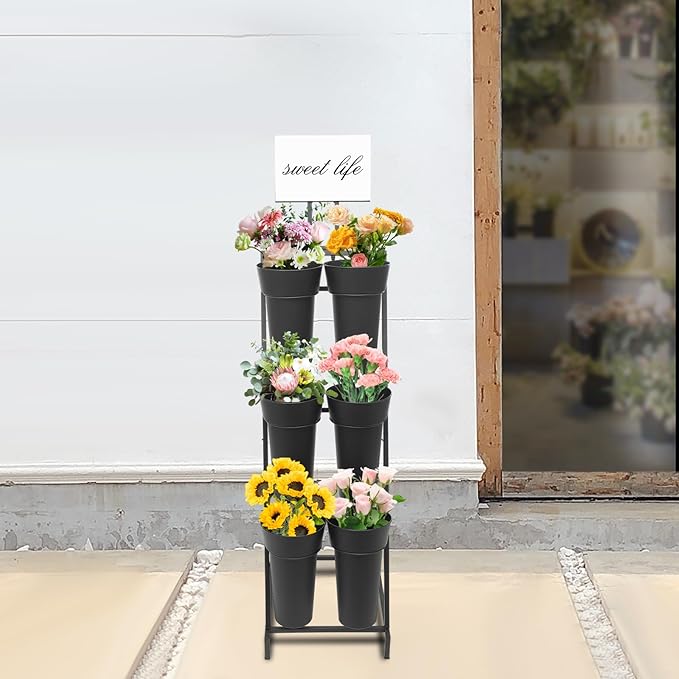 3 Tier 6 Black Bucket Flower Display Stand, Iron Decorative Flower Display Stand Indoor Outdoor Flower Cart Ladder Shelf Metal Moving Bouquet Shelf with Wheels for Garden Courtyard Florist
