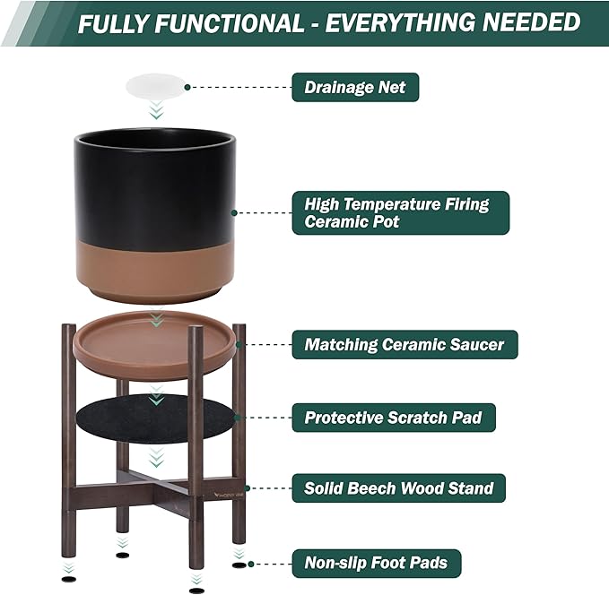 D'vine Dev Ceramic Planter with Walnut Color Stand - 14 Inch Modern Round Flower Pot with Wood Planter Holder, Black/Speckled Tan, 55-B-T-7