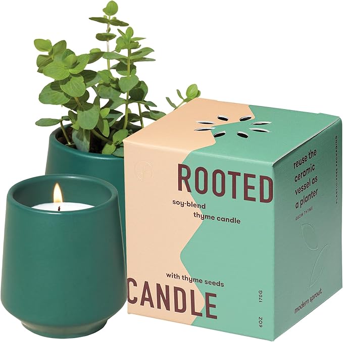 Modern Sprout Rooted Candle - 2 in 1 Tonka Bean Scented & Soy Candle with Seeds That Grows into Thyme Plant - 6 oz w/ 42 hr Burn time in Matte Glaze Ceramic Vessel Ideal for Indoor Herb Garden