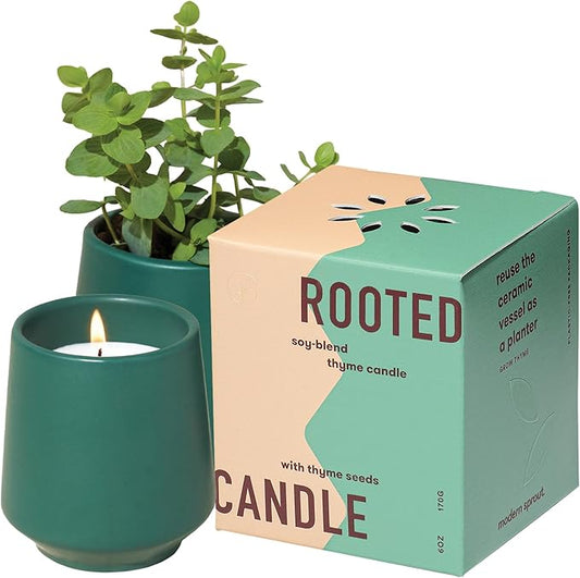 Modern Sprout Rooted Candle - 2 in 1 Tonka Bean Scented & Soy Candle with Seeds That Grows into Thyme Plant - 6 oz w/ 42 hr Burn time in Matte Glaze Ceramic Vessel Ideal for Indoor Herb Garden
