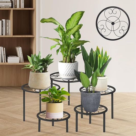 5-piece set of metal plant potted flower racks, heavy-duty flower pot plant racks of different sizes, iron flower racks, suitable for indoor and outdoor home decoration (Black)