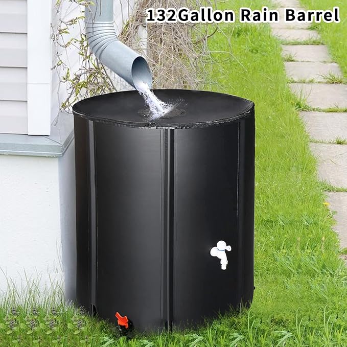 132 Gallon Collapsible Rain Barrel, Folding Water Storage Container, Portable Rain Collection, Water Storage Tank PVC for Garden Water Catcher with Screen Mesh Protector and 3/4 Faucet Black