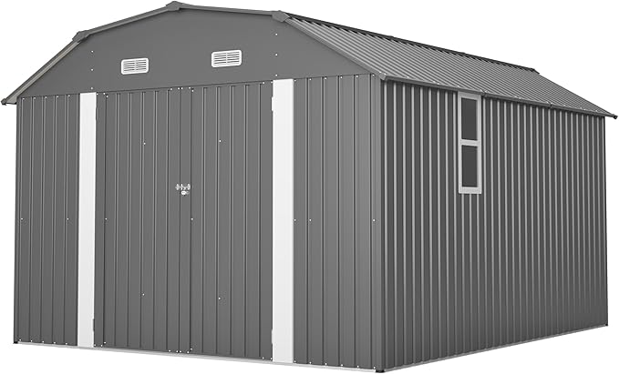 10×12 FT Outdoor Storage Shed,Heavy-Duty Metal Shed with Floor Base,All Weather Waterproof Tool Shed W/Diamond Roof & Windows,Lockable Double Door & 4 Air Vents,for Backyard,Patio,Lawn,Gray