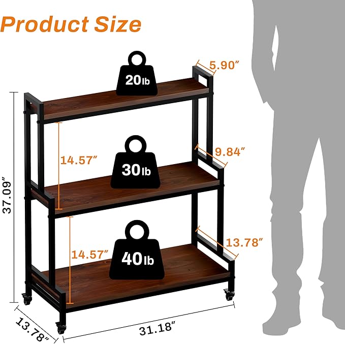 Plant Stand Indoor with Wheels 37” H, Rolling Plant Shelf Rack Outdoor,Metal Plant Stand with Solid Wood for Multiple Plants,Industrial Ladder Plant Flower Shelf for Garden,Living Room,Walnut