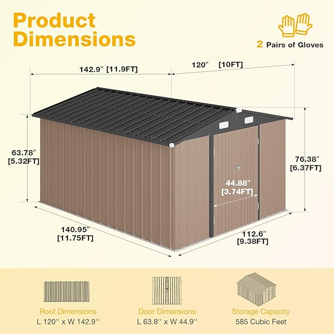 10x12 FT Outdoor Storage Shed with Floor & Lockable Double Doors, Heavy-Duty Galvanized Steel Outdoor Metal Shed for Bike, Tool, Generator Storage in Backyard, Patio (10’x12’, Floor)