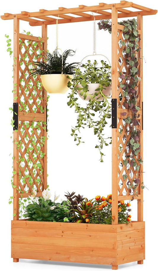 ORALNER Raised Garden Bed with Trellis, Wooden Planter Box with Climbing Frame, Outdoor Elevated Garden Box for Vegetables, Herbs, Flowers, Fruits (Medium)