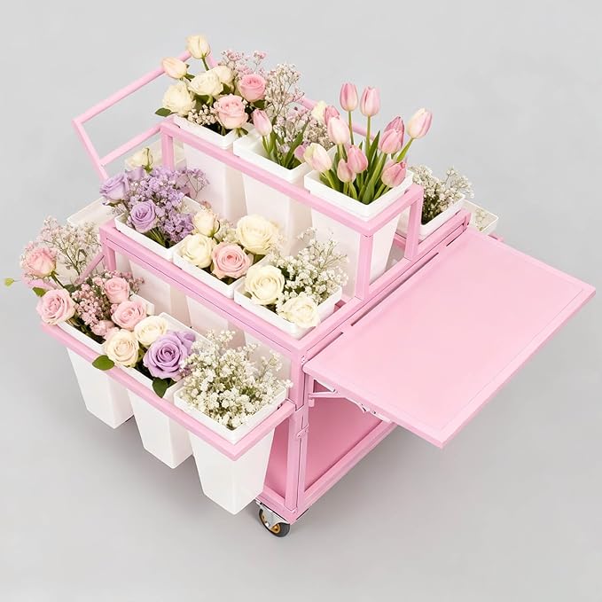 Metal Garden Cart Plant Stand with 18pcs Buckets and parasols, Slide Out Rolling Flower Display Rack, for Florist, Patio Garden, Weddings Party, Business Market (White)
