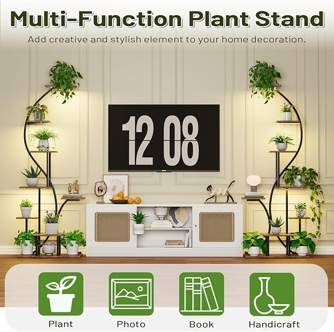 Plant Stand Indoor with Grow Lights, 2 Pack Tiered Indoor Plant Shelf, 65" Tall Plant Rack Flower Display Shelves, S-Shaped Metal Plant Flower Holder with Adjustable Brightness & Timer for Home, Patio