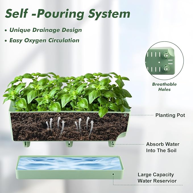 4 Pack Self Watering Pots for Indoor Plants 17 Inches Window Boxes Planters Rectangular Flower Pots Rectangle Herb Pots Large Plant Pots with Drainage Holes and Saucers Windowsill Planter, Green