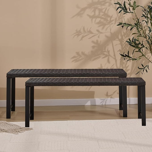 46" Outdoor Rattan Backless Bench Set of 2, All-Weather Patio Garden Bench for Backyard, Porch, or Lawn, Durable Steel Bench for Outdoor Spaces