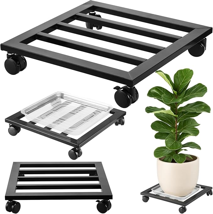2 Packs 16 inches Extra-Large Metal Plant Caddy with PU Wheels Square Planter Dolly Pot Mover Rollers Iron Rolling Wheeled Plant Stands Indoor Outdoor Plant Holder Coaster Trolley, Black