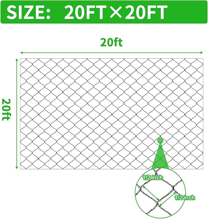 Woven Bird Netting 20X20 FT, 1/2" Mesh, Strong Bird Net Protect Fruit Trees, Blueberry, Vegetables, Strawberry Plants, Garden Netting Pest Barrier, Against Deer, Squirres, Small Critters
