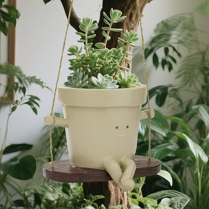 Hanging Planters for Indoor Plants Swing Face Plant Pot Cute Resin Head Planters Without Hole Indoor Plant Holder for Succulents, Unique Sitting Sway Pots Gift Ideas for Mother (Style-B)