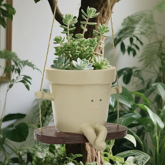 Hanging Planters for Indoor Plants Swing Face Plant Pot Cute Resin Head Planters Without Hole Indoor Plant Holder for Succulents, Unique Sitting Sway Pots Gift Ideas for Mother (Style-B)