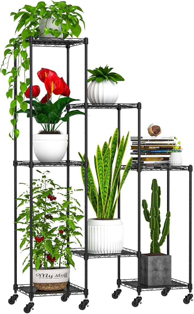 Abimars 59'' Plant Stand with Wheels, Shelf Height Adjustable Metal Plant Shelf for 7 Potted Plants, DIY Assembly Indoor & Outdoor Plant Display Rack