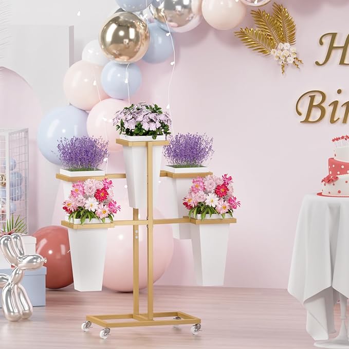 Flower bar Stand with Buckets, Moving Flower display stand with Wheels, Metal Flower cart for Bridal Shower, Wedding, Party, Garden, Gold
