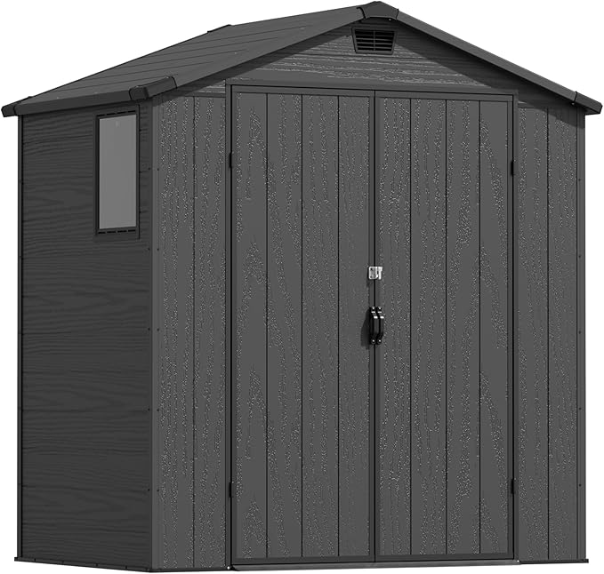 Devoko 6x4 FT Plastic Storage Shed, Outdoor Resin Garden Shed with Floor, Waterproof Tool Storage Shed with Lockable Door and Window for Patio, Garden, Backyard, Dark Gray