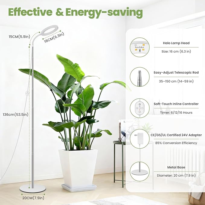 Grow Lights for Indoor Plants 24V, 660nm-Enhanced Full Spectrum, LUMILEDS LED Plant Light, 6.3in Grow lamp with Timer & Dimming, Adjustable Height 14-59in, 15W, 260μmol/s/m²@15cm(6in), J15-W