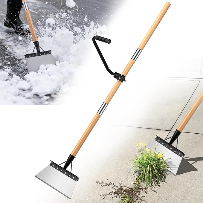 Snow Shovel with 47.24" Long Handle, 9.25" Widened Garden Flat Shovel Ergonomic Auxiliary Handle for Weeding, Lawn Edging, Snow Removal, Ice Scraping-Tool-Free Assembly&Storage