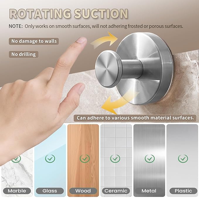 2026 Upgraded Drill-Free Suction Cup Hooks, Stainless Steel Suction Cup Hooks for Shower, Mirror, Wall, Bathroom, Glass, Hanging Towels - 4 Pack, Black