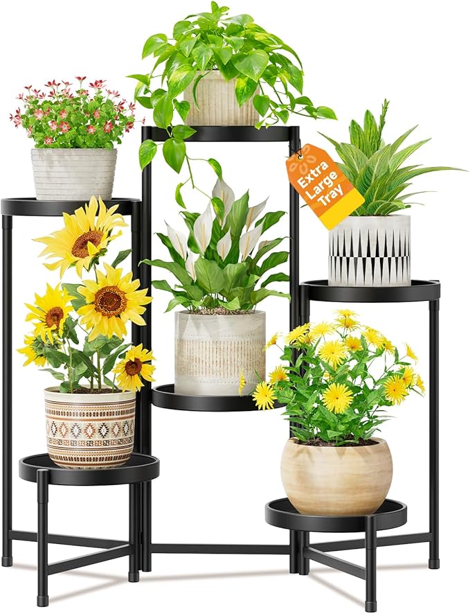 LASZOLA 6 Tiered Folding Plant Stand Indoor for Multiple Large Planter, Tall Heavy Duty Adjustable Rack with Rust Proof 10 Inch Wide Tray, Sturdy Vertical Tree Organizer for Narrow Inside Floor, Black