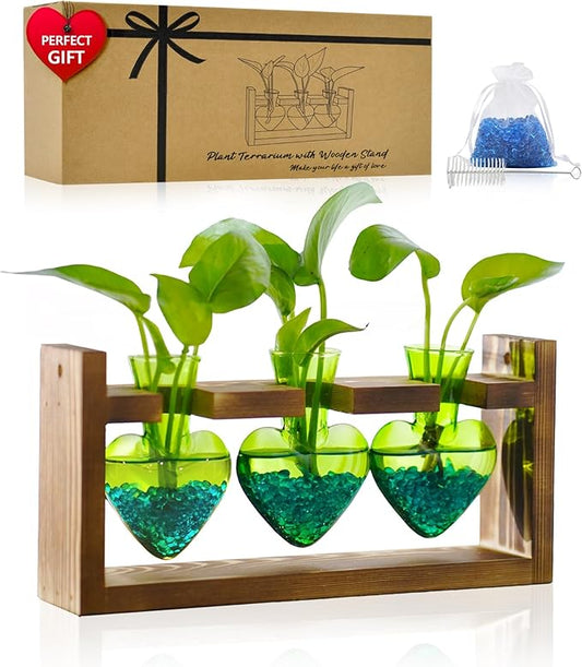Nacome Plant Terrarium Propagation Stations: Christmas Gifts for Plant Lovers Women Mom Wife - Wooden Stand Tabletop Planter 3 Bulb Glass Vase Heart Shaped for Hydroponics Indoor Home Decor(Green)