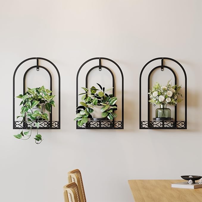3 Pack Metal Wall Planter Arch Frame Hanging Plant Stand, Modern Black Iron Wall Decor for Indoor Outdoor Living Room, Balcony, Garden, Decorative Wall Mounted Plant Holder Set (3 Pack-Black)
