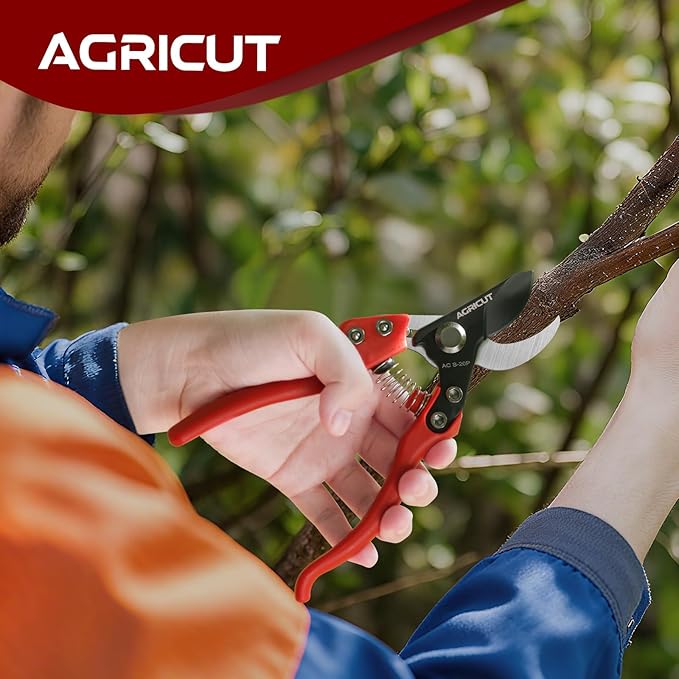 AGRICUT Pruning Shears Bypass Pruners - 4/5 Inch Cut Capacity Hand Clippers Gardening Scissors with High Carbon Steel Blade Teflon Coated Nylon Handle Red