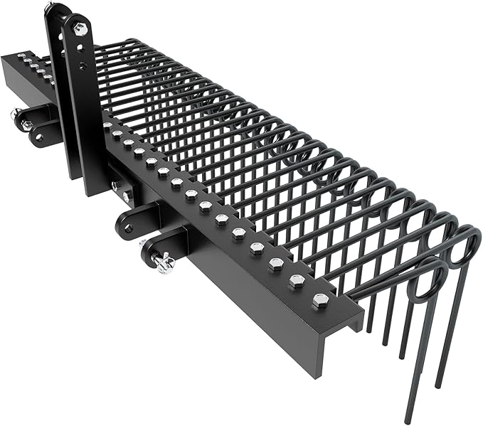 60" Durable Powder Coated Steel Pine Straw Rake, Steel Spring Landscape Rake for Leaves, Pine Needles, Straw, and Grass Attaches to Cat 0 Cat 1,3 Point Hitch Tractor, Black