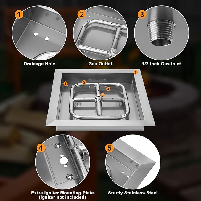 onlyfire Stainless Steel 12" Drop-in Square Fire Pit Pan, with 9" Square Fire Burner