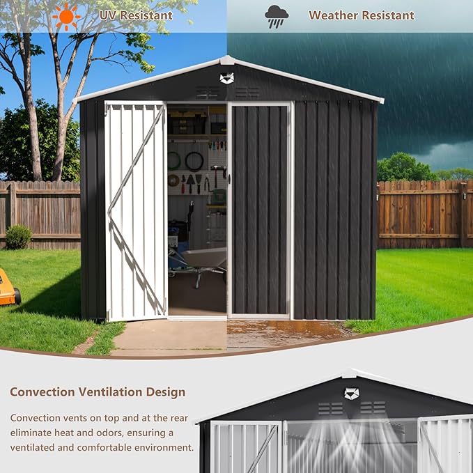 10X12 FT Outdoor Storage Shed, Metal Garden Shed - Tool Storage Sheds with Lockable Doors, Waterproof Outside Storage Building for Backyard, Patio (Black; Floor Not Included)