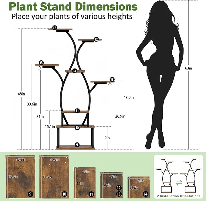Plant Stand Indoor with Grow Light, 8 Tiered Indoor Plant Shel, 48" Tall Plant Stand for Indoor Plants,Metal Plant Flower Holder, Tree-Shaped Plant Rack for Patio, Home, Easy Assemble
