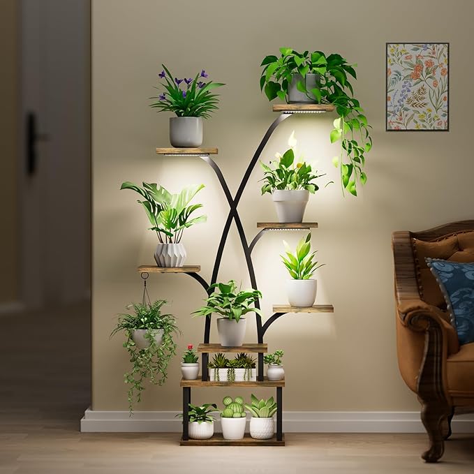 Plant Stand with Grow Lights - 8 Tiered Indoor Plants Stand, 50" Lighted Corner Plant Shelf Metal Tree-Shaped Flower Holder for Indoor Growing,Living Room Patio Corner, Decorative Rack for Living Room