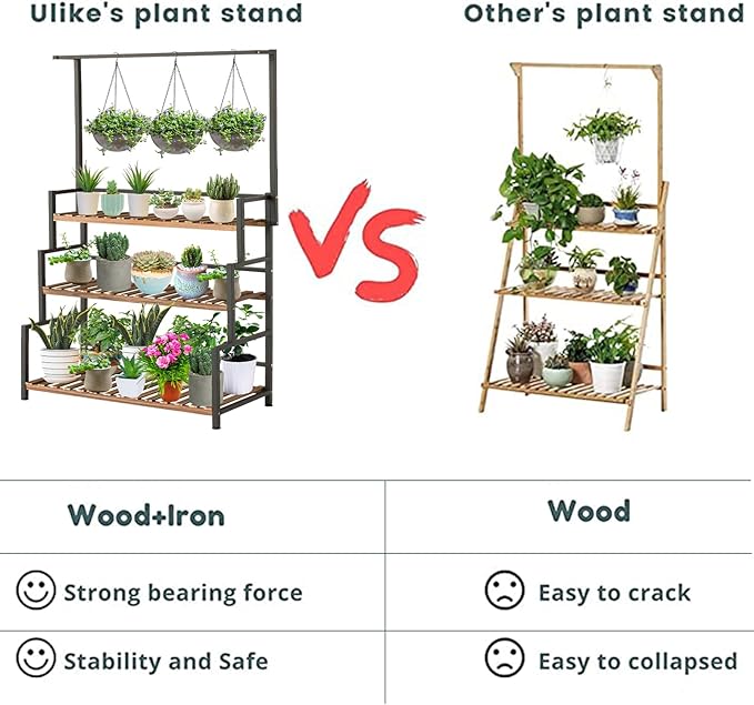 ULIKE 3-Tier Hanging Plant Stand – Wood & Metal Frame Indoor Outdoor Shelf for Patio, Balcony, Garden Multi-Purpose Plant Display | Carbonized Pine Wood | Sturdy Tall Rack for Potted Plants