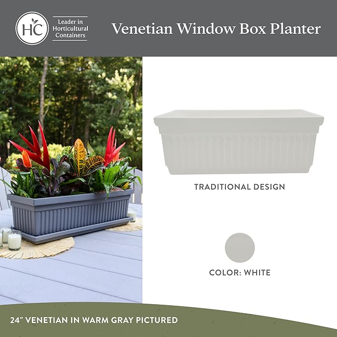 The HC Companies Venetian Window Planter Box w/Drain Plug - Long Planter Box for Windowsills, Balconies & More - Plastic Rectangular Outdoor Planters for Herbs & Flowers (18" White, Pack of 1)