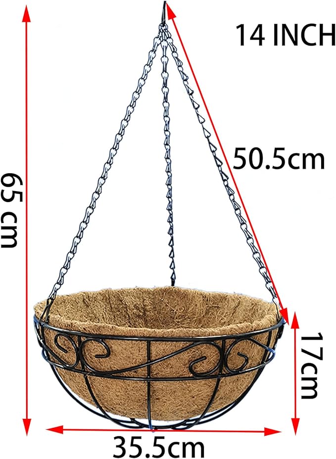 Outdoor Metal Hanging Planters Basket (4pack, 14 inch) Hanging Baskets for Plants Chain Round Wire Plant Holder with Coco Fiber Liners for Garden, Patio, Deck, Porch(Flower Border)