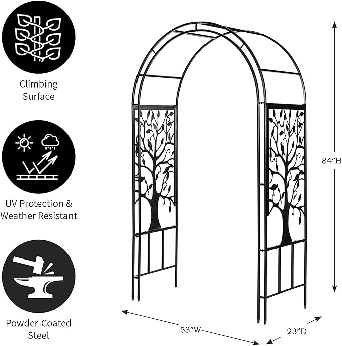 Plow & Hearth Arch Metal Outdoor Garden Arbor, 84 inches Tall, Iron Trellis Lattice for Climbing Plants, Wedding Arch, Outdoor Patio Décor (Tree of Life)