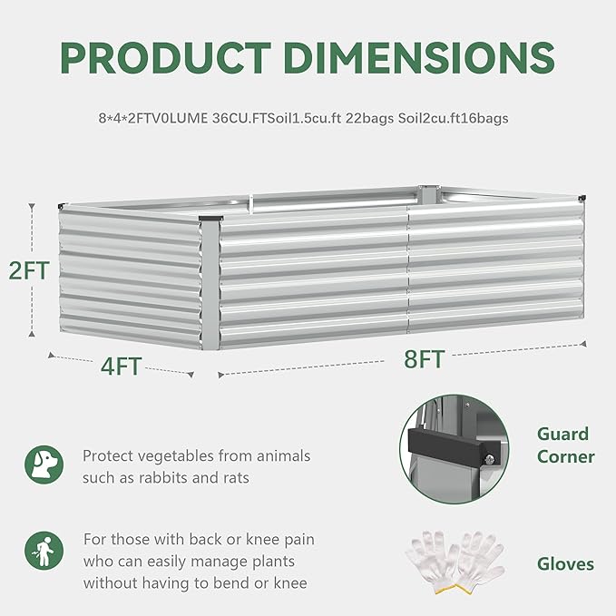 FOOWIN 2pcs 8x4x2ft Galvanized Raised Garden Bed, Planter Raised Garden Boxes Outdoor, Large Metal Raised Beds for Gardening, Garden Bed for Vegetables, Flowers, Herb,478 Gallon Capacity, Silver