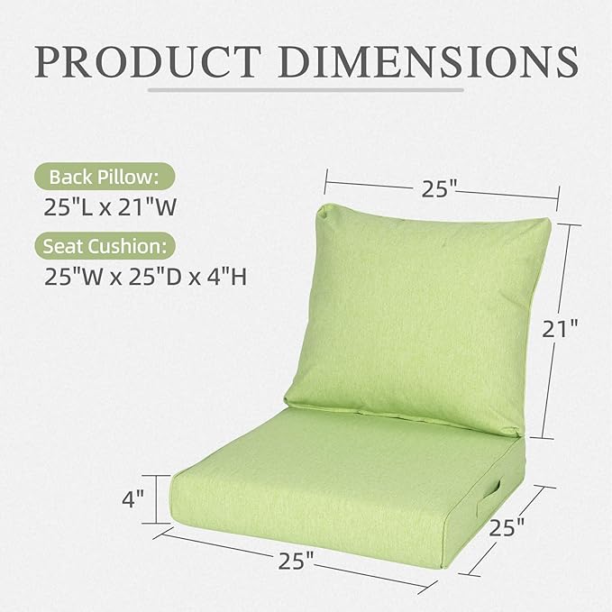 Aoodor 25" x 25" Patio Deep Seat Cushion Set, Water Resistant & Fade Resistant Outdoor Furniture Cushions with Adjustable Straps for Patio, Deck, Garden, Green
