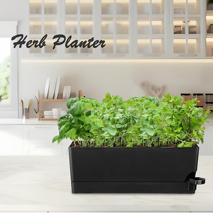 Self Watering Pots for Indoor Plants 17 Inches Window Boxes Planters Rectangular Flower Pots Rectangle Herb Pots Large Plant Pots with Drainage Holes and Saucers Windowsill Planter (2, Black)