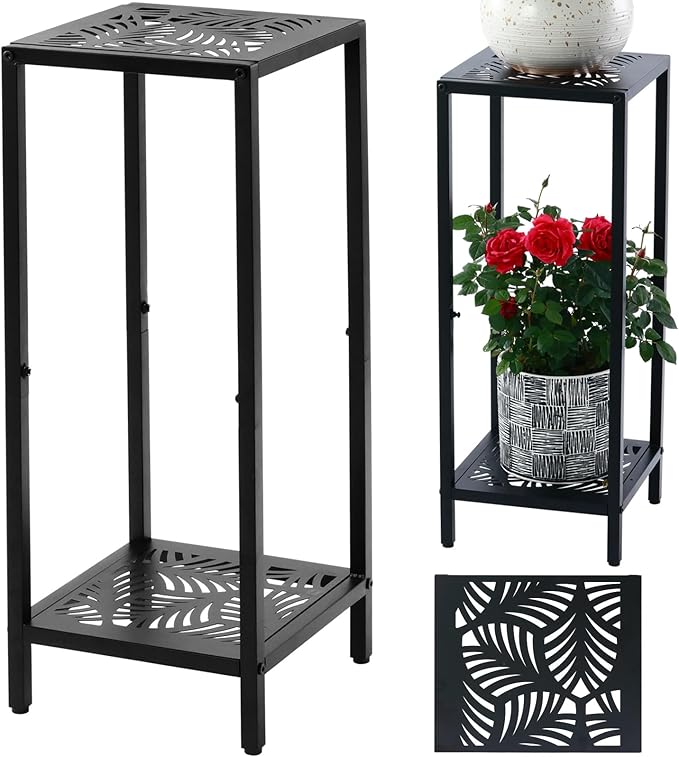 2-Tier Tall Metal Square Plant Stand 31” Heavy-Duty Modern Flower Pot Rack for Indoor Living Room, Corner Side Table for Outdoor Patio, Garden, and Balcony, Black