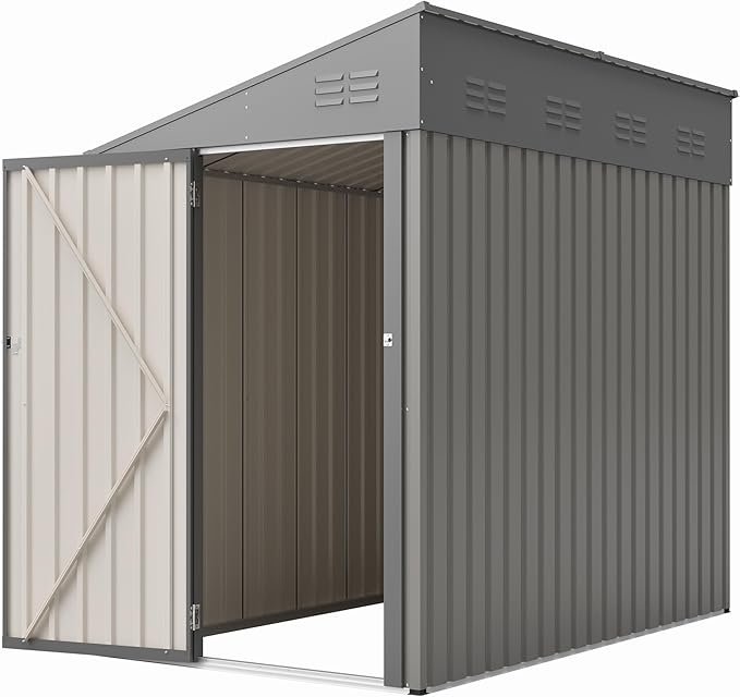 4x7 FT Outdoor Storage Shed,Lean to Lockable Metal Garden Shed Steel with Reinforced Beams,All Weather Waterproof Storage House W/Lockable Door&2 Air Vents,for Backyard,Patio,Lawn,Garden,Gray